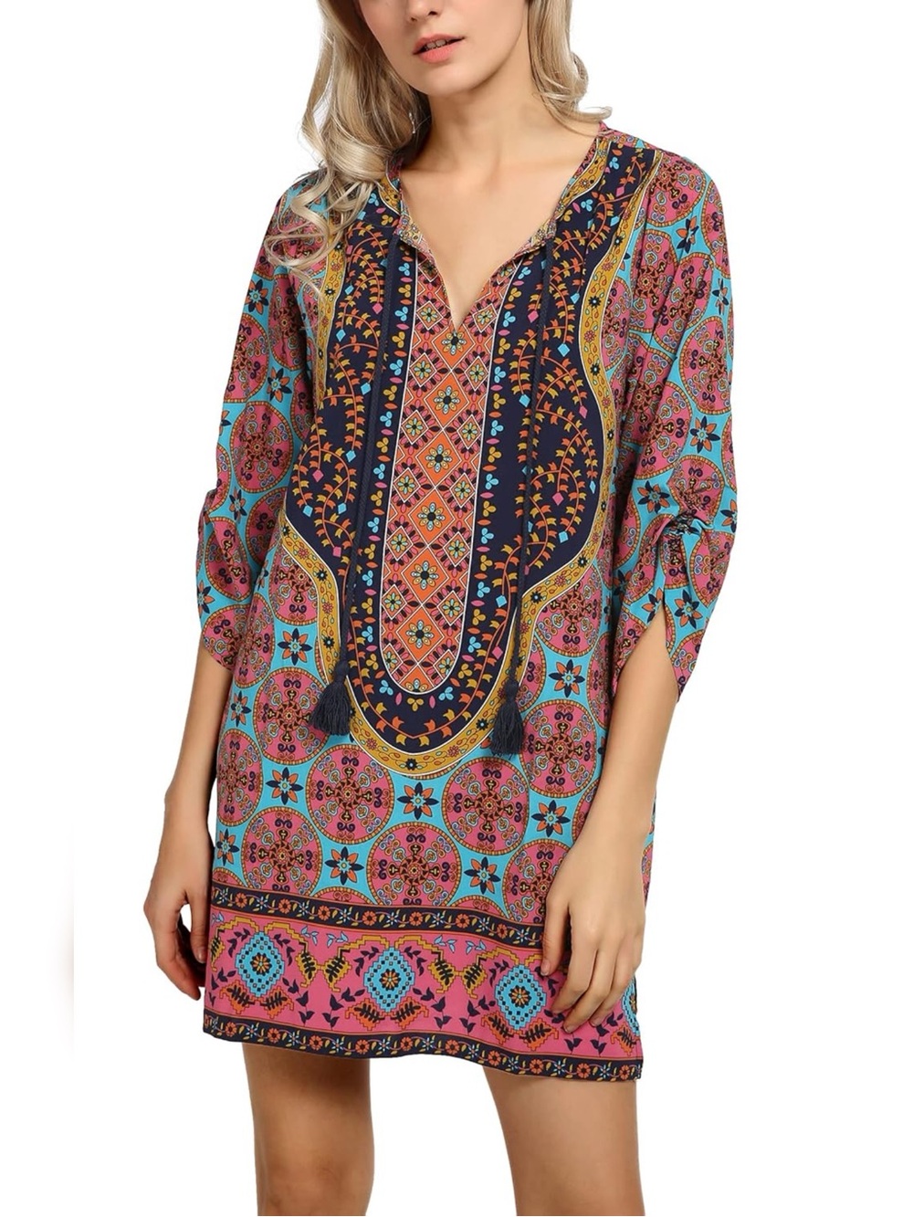 Urban Coco Women's Vibrant Bohemian Neck Tie Vintage Summer Shift Dress